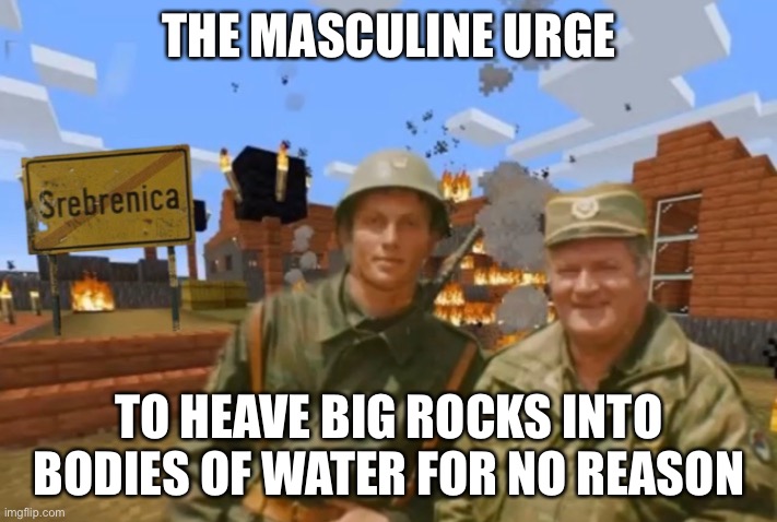 Srebrenica | THE MASCULINE URGE; TO HEAVE BIG ROCKS INTO BODIES OF WATER FOR NO REASON | image tagged in srebrenica | made w/ Imgflip meme maker