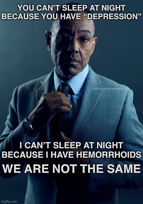 I can’t sleep | YOU CAN’T SLEEP AT NIGHT BECAUSE YOU HAVE “DEPRESSION”; @MUSCULARCHRISTOLOGY; I CAN’T SLEEP AT NIGHT BECAUSE I HAVE HEMORRHOIDS; WE ARE NOT THE SAME | image tagged in gus fring we are not the same | made w/ Imgflip meme maker