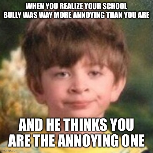 I mean I had my moments (Take 2) | WHEN YOU REALIZE YOUR SCHOOL BULLY WAS WAY MORE ANNOYING THAN YOU ARE; AND HE THINKS YOU ARE THE ANNOYING ONE | image tagged in annoyed face,school,bully,sudden realization | made w/ Imgflip meme maker