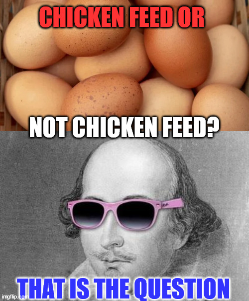 Where did all those eggs go... | CHICKEN FEED OR; NOT CHICKEN FEED? THAT IS THE QUESTION | image tagged in shakespeare,eggs,shortage | made w/ Imgflip meme maker