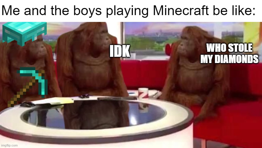 Minecraft Monkey | Me and the boys playing Minecraft be like:; WHO STOLE MY DIAMONDS; IDK | image tagged in where monkey | made w/ Imgflip meme maker
