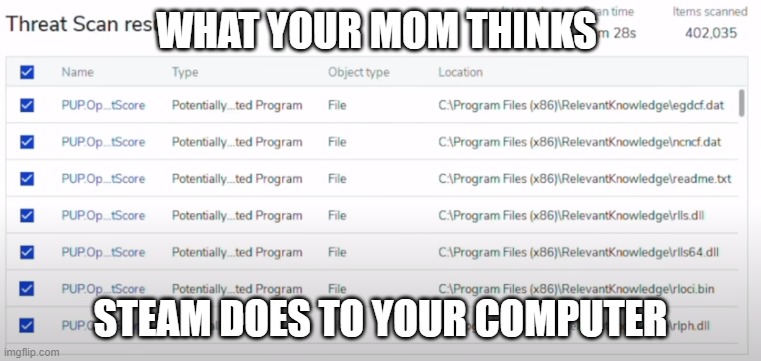 WHAT YOUR MOM THINKS; STEAM DOES TO YOUR COMPUTER | made w/ Imgflip meme maker