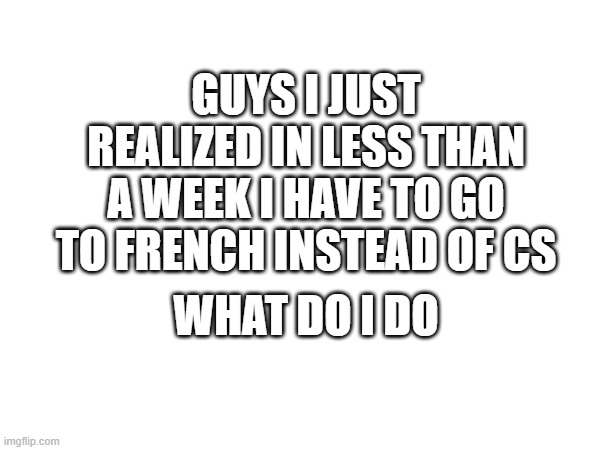 help | GUYS I JUST REALIZED IN LESS THAN A WEEK I HAVE TO GO TO FRENCH INSTEAD OF CS; WHAT DO I DO | made w/ Imgflip meme maker