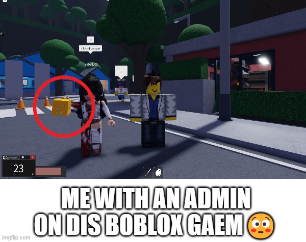 [your text goes here] | ME WITH AN ADMIN ON DIS BOBLOX GAEM😳 | image tagged in memes,roblox,cursed roblox image,oh wow are you actually reading these tags | made w/ Imgflip meme maker