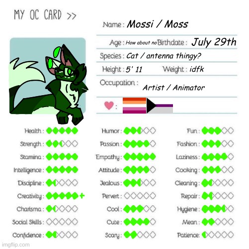 Did the oc card. [ Mozzi do be sassy tho- ][ Got the height wrong: 5'3 ] | made w/ Imgflip meme maker