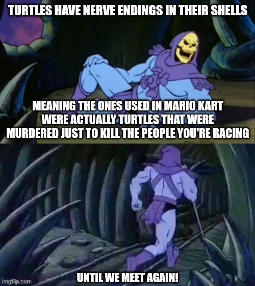 Skeletor disturbing facts | TURTLES HAVE NERVE ENDINGS IN THEIR SHELLS UNTIL WE MEET AGAIN! MEANING THE ONES USED IN MARIO KART WERE ACTUALLY TURTLES THAT WERE MURDERED | image tagged in skeletor disturbing facts | made w/ Imgflip meme maker