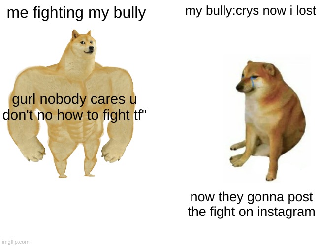 Buff Doge vs. Cheems | me fighting my bully; my bully:crys now i lost; gurl nobody cares u don't no how to fight tf"; now they gonna post the fight on instagram | image tagged in memes,buff doge vs cheems | made w/ Imgflip meme maker