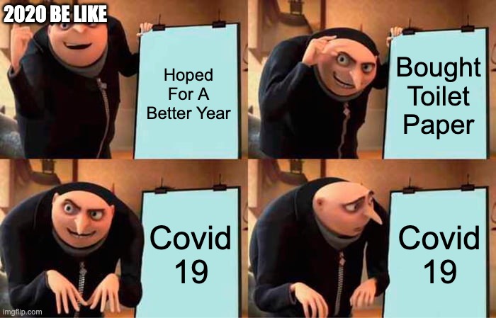 2020 | 2020 BE LIKE; Hoped For A Better Year; Bought Toilet Paper; Covid 19; Covid 19 | image tagged in memes,gru's plan | made w/ Imgflip meme maker