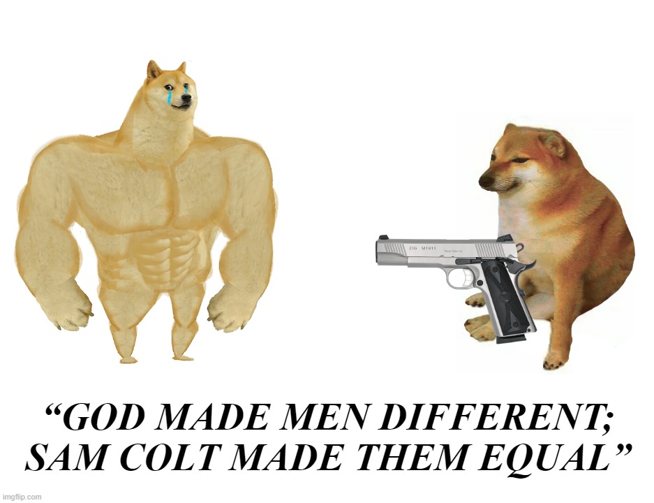 “God made men different; Sam Colt made them equal” | “GOD MADE MEN DIFFERENT; SAM COLT MADE THEM EQUAL” | image tagged in memes,buff doge vs cheems,44colt,samuel colt,guns,equality | made w/ Imgflip meme maker