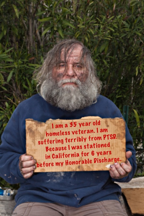 Meanwhile, in America… | I am a 35 year old homeless veteran. I am suffering terribly from PTSD. Because I was stationed in California for 6 years before my Honorable Discharge. | image tagged in blak homeless sign,memes,funny,hotel california,new normal | made w/ Imgflip meme maker