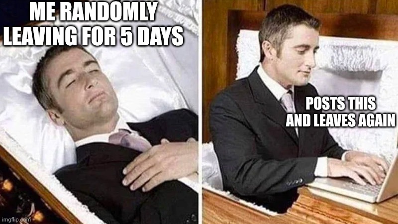 Deceased man in Coffin Typing | ME RANDOMLY LEAVING FOR 5 DAYS; POSTS THIS AND LEAVES AGAIN | image tagged in deceased man in coffin typing | made w/ Imgflip meme maker