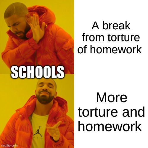 Drake Hotline Bling | A break from torture of homework; SCHOOLS; More torture and homework | image tagged in memes,drake hotline bling,homework | made w/ Imgflip meme maker
