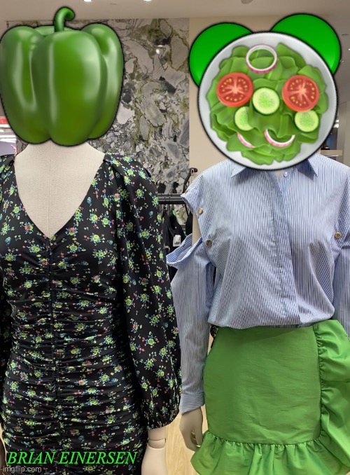 Vegetarians 2023 | 🟢🟢; 🫑; 🥗; BRIAN EINERSEN | image tagged in fashion,sandro,bloomingdales,vegetarian,emooji art,brian einersen | made w/ Imgflip meme maker