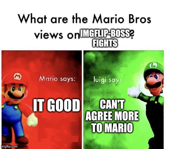 Mario Bros Views | IMGFLIP-BOSS FIGHTS; CAN'T AGREE MORE TO MARIO; IT GOOD | image tagged in mario bros views | made w/ Imgflip meme maker