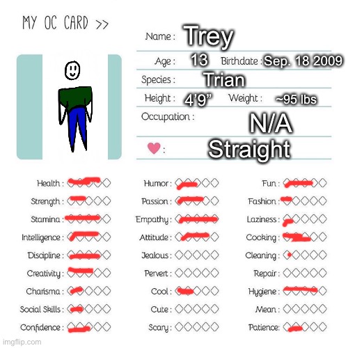 Oc card for Trey |  Trey; 13; Sep. 18 2009; Trian; 4’9”; ~95 lbs; N/A; Straight | image tagged in oc card template,ocs,drawing | made w/ Imgflip meme maker