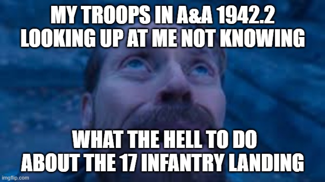Axis and Allies 1942 version 2 meme | MY TROOPS IN A&A 1942.2 LOOKING UP AT ME NOT KNOWING; WHAT THE HELL TO DO ABOUT THE 17 INFANTRY LANDING | image tagged in willen dafoe looking up image | made w/ Imgflip meme maker