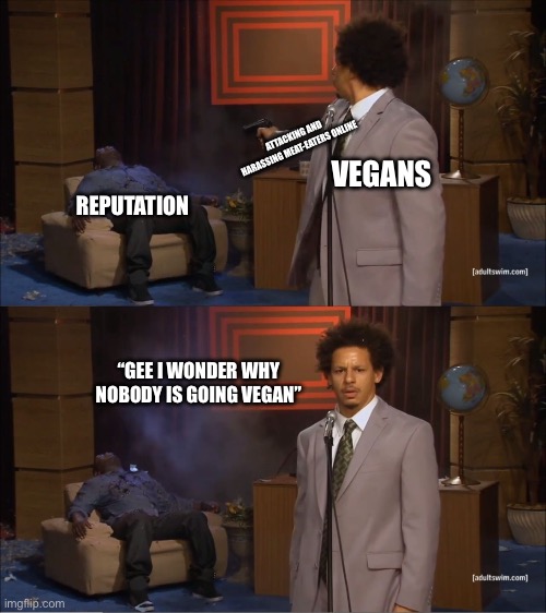 What do you expect | ATTACKING AND HARASSING MEAT-EATERS ONLINE; VEGANS; REPUTATION; “GEE I WONDER WHY NOBODY IS GOING VEGAN” | image tagged in memes,who killed hannibal | made w/ Imgflip meme maker