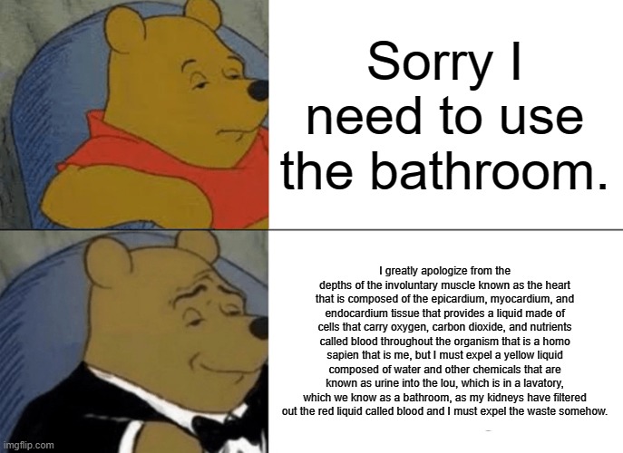 Tuxedo Winnie The Pooh Meme | Sorry I need to use the bathroom. I greatly apologize from the depths of the involuntary muscle known as the heart that is composed of the epicardium, myocardium, and endocardium tissue that provides a liquid made of cells that carry oxygen, carbon dioxide, and nutrients called blood throughout the organism that is a homo sapien that is me, but I must expel a yellow liquid composed of water and other chemicals that are known as urine into the lou, which is in a lavatory, which we know as a bathroom, as my kidneys have filtered out the red liquid called blood and I must expel the waste somehow. | image tagged in memes,tuxedo winnie the pooh | made w/ Imgflip meme maker