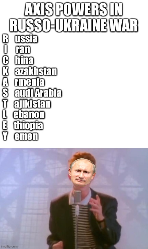 Had to do a bunch of research for this and I’m glad I did | AXIS POWERS IN RUSSO-UKRAINE WAR; R    ussia
 I     ran
C    hina
K    azakhstan
A    rmenia
S    audi Arabia
T    ajikistan
L    ebanon
E    thiopia
Y    emen | image tagged in memes,blank transparent square,rick astley | made w/ Imgflip meme maker