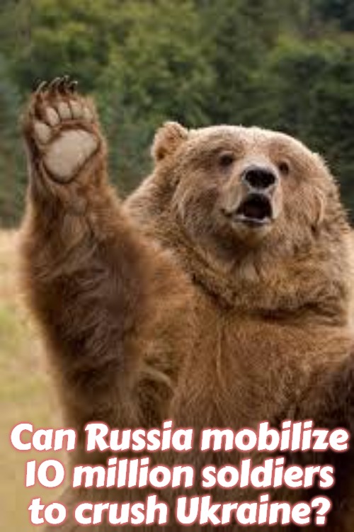 grizzly bear | Can Russia mobilize 10 million soldiers to crush Ukraine? | image tagged in grizzly bear,slavic,russo-ukrainian war,10 million russians | made w/ Imgflip meme maker