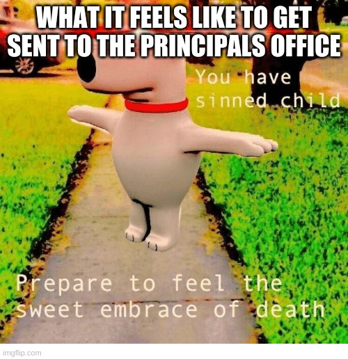 You have sinned child prepare to feel the sweet embrace of death | WHAT IT FEELS LIKE TO GET SENT TO THE PRINCIPALS OFFICE | image tagged in you have sinned child prepare to feel the sweet embrace of death | made w/ Imgflip meme maker