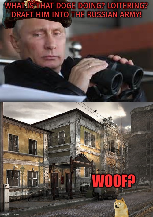 WHAT IS THAT DOGE DOING? LOITERING? DRAFT HIM INTO THE RUSSIAN ARMY! WOOF? | image tagged in putin binoculars | made w/ Imgflip meme maker