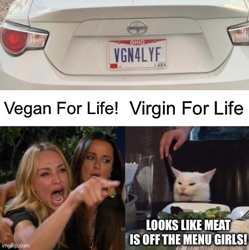 Vegan For Life! Virgin For Life; LOOKS LIKE MEAT IS OFF THE MENU GIRLS! | image tagged in memes,woman yelling at cat,funny,funny cats | made w/ Imgflip meme maker
