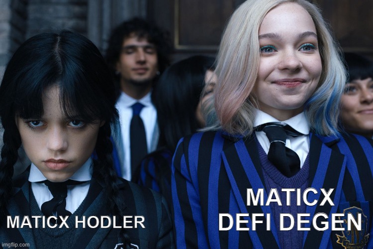 Wednesday and Enid | MATICX DEFI DEGEN; MATICX HODLER | image tagged in wednesday and enid | made w/ Imgflip meme maker