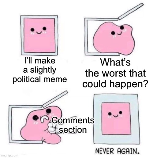 True story |  I’ll make a slightly political meme; What’s the worst that could happen? Comments section | image tagged in never again | made w/ Imgflip meme maker