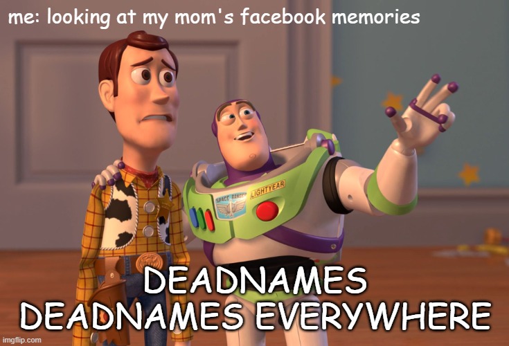 X, X Everywhere | me: looking at my mom's facebook memories; DEADNAMES
DEADNAMES EVERYWHERE | image tagged in memes,x x everywhere | made w/ Imgflip meme maker
