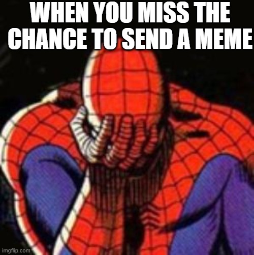 Sad Spiderman | WHEN YOU MISS THE CHANCE TO SEND A MEME | image tagged in memes,sad spiderman,spiderman | made w/ Imgflip meme maker