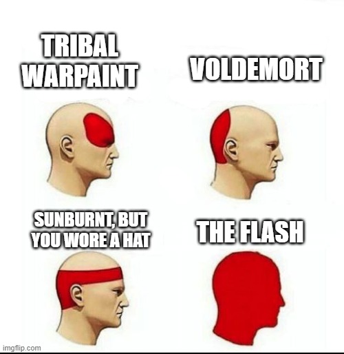 Types of Headaches meme | TRIBAL
WARPAINT; VOLDEMORT; SUNBURNT, BUT YOU WORE A HAT; THE FLASH | image tagged in types of headaches meme | made w/ Imgflip meme maker