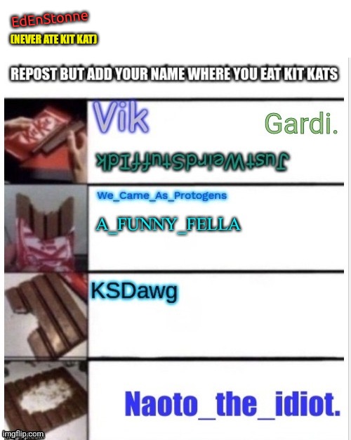 EdEnStonne; (NEVER ATE KIT KAT) | image tagged in repost | made w/ Imgflip meme maker