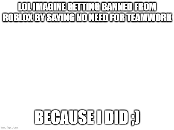 moderation is kinda dumb | LOL IMAGINE GETTING BANNED FROM ROBLOX BY SAYING NO NEED FOR TEAMWORK; BECAUSE I DID ;) | image tagged in blank white template | made w/ Imgflip meme maker