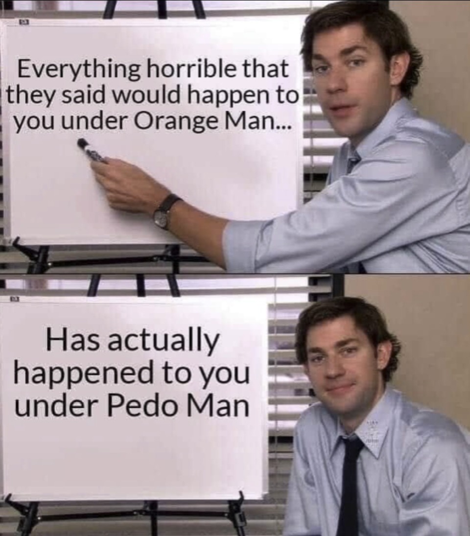 Everything horrible they said would happen to you under Orangeman has actually happened to you under Pedo Man. | image tagged in pedohitler,pedo man,orangeman bad,orangeman,pedo joe,creepy uncle joe | made w/ Imgflip meme maker