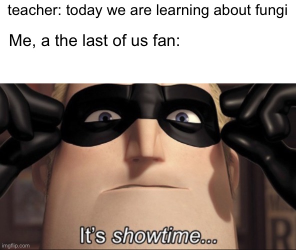 My time to shine | teacher: today we are learning about fungi; Me, a the last of us fan: | image tagged in it's showtime,funny,memes,not really a gif,gifs,the last of us | made w/ Imgflip meme maker