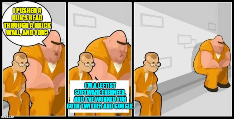 A thug is a thug is a thug. | I PUSHED A NUN'S HEAD THROUGH A BRICK WALL, AND YOU? I'M A LEFTIST SOFTWARE ENGINEER, AND I'VE WORKED FOR BOTH TWITTER AND GOOGLE. | image tagged in what are you in for | made w/ Imgflip meme maker
