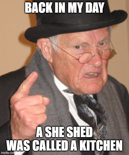 Back In My Day | BACK IN MY DAY; A SHE SHED WAS CALLED A KITCHEN | image tagged in memes,back in my day | made w/ Imgflip meme maker