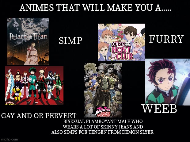 part 1: which one of these animes is your favourite? |  ANIMES THAT WILL MAKE YOU A..... FURRY; SIMP; WEEB; GAY AND OR PERVERT; BISEXUAL FLAMBOYANT MALE WHO WEARS A LOT OF SKINNY JEANS AND ALSO SIMPS FOR TENGEN FROM DEMON SLYER | image tagged in black background | made w/ Imgflip meme maker