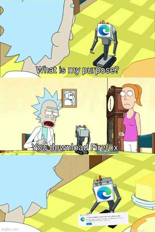 image tagged in rick and morty,microsoft edge,memes,funny,repost,what is my purpose | made w/ Imgflip meme maker