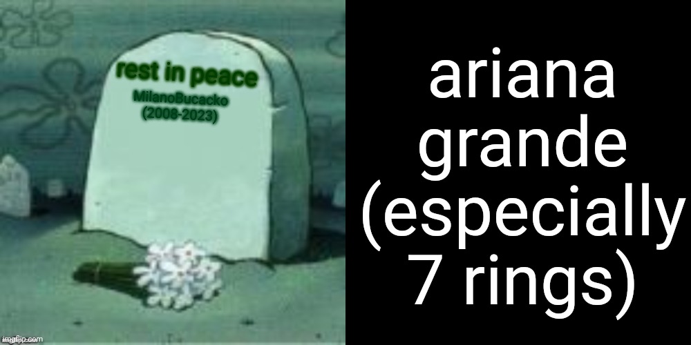 MilanoBucacko (2008-2023) rest in peace ariana grande (especially 7 rings) | image tagged in here lies x,memes,blank transparent square | made w/ Imgflip meme maker