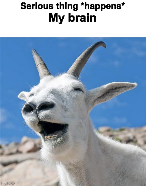 3am | Serious thing *happens*; My brain | image tagged in memes,laughing goat | made w/ Imgflip meme maker