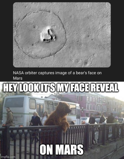 A bear's face on Mars |  HEY LOOK IT'S MY FACE REVEAL; ON MARS | image tagged in memes,city bear,bear,science,face,nasa | made w/ Imgflip meme maker