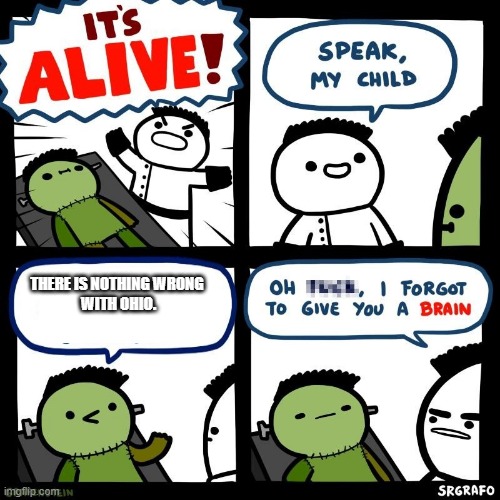 It's alive | THERE IS NOTHING WRONG 
WITH OHIO. | image tagged in it's alive | made w/ Imgflip meme maker