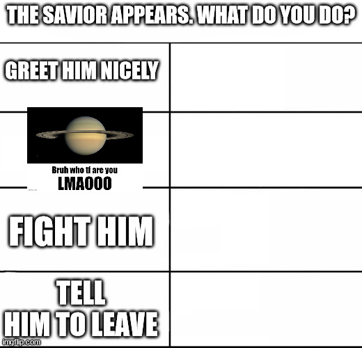 A silly alignment chart you can put your OCs on | THE SAVIOR APPEARS. WHAT DO YOU DO? GREET HIM NICELY; FIGHT HIM; TELL HIM TO LEAVE | image tagged in empty alignment chart | made w/ Imgflip meme maker