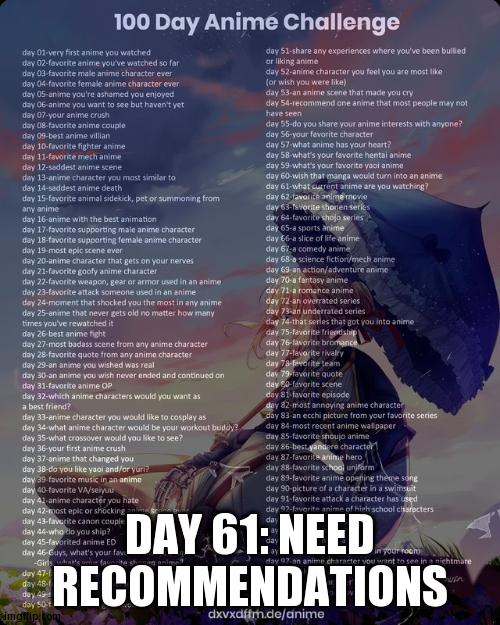 None ATM :( | DAY 61: NEED RECOMMENDATIONS | image tagged in 100 day anime challenge | made w/ Imgflip meme maker