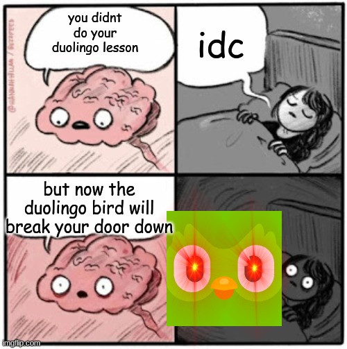 creepy | idc; you didnt do your duolingo lesson; but now the duolingo bird will break your door down | image tagged in brain before sleep | made w/ Imgflip meme maker