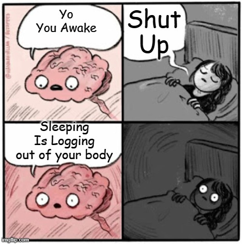 Brain Before Sleep | Shut Up; Yo You Awake; Sleeping Is Logging out of your body | image tagged in brain before sleep | made w/ Imgflip meme maker
