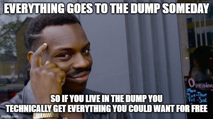 KIDS GO TO THE DUMP | EVERYTHING GOES TO THE DUMP SOMEDAY; SO IF YOU LIVE IN THE DUMP YOU TECHNICALLY GET EVERYTHING YOU COULD WANT FOR FREE | image tagged in memes,roll safe think about it | made w/ Imgflip meme maker