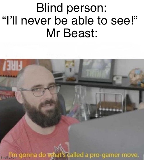 Mr Beast is weird | Blind person: “I’ll never be able to see!” 
Mr Beast: | image tagged in pro gamer move,memes | made w/ Imgflip meme maker